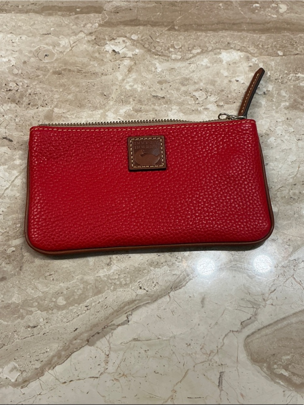 Dooney & Bourke Red Pebbled Leather Zip Pouch with Brown Trim